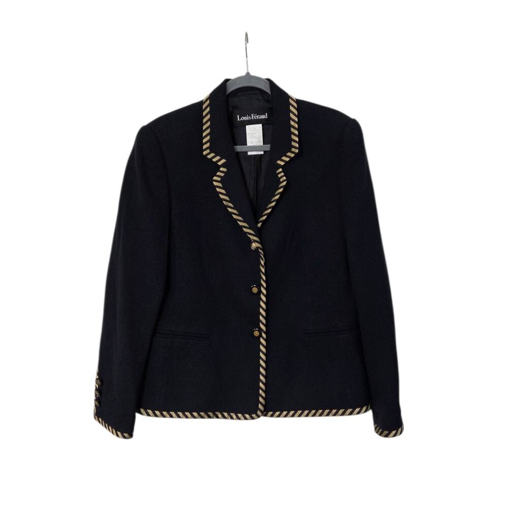 Louis Feraud Vintage Navy Blue Wool Striped Silk Trim 90s Blazer Women's Size 14
